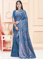 Sattin Silk Sky Blue Festival Wear Weaving Saree